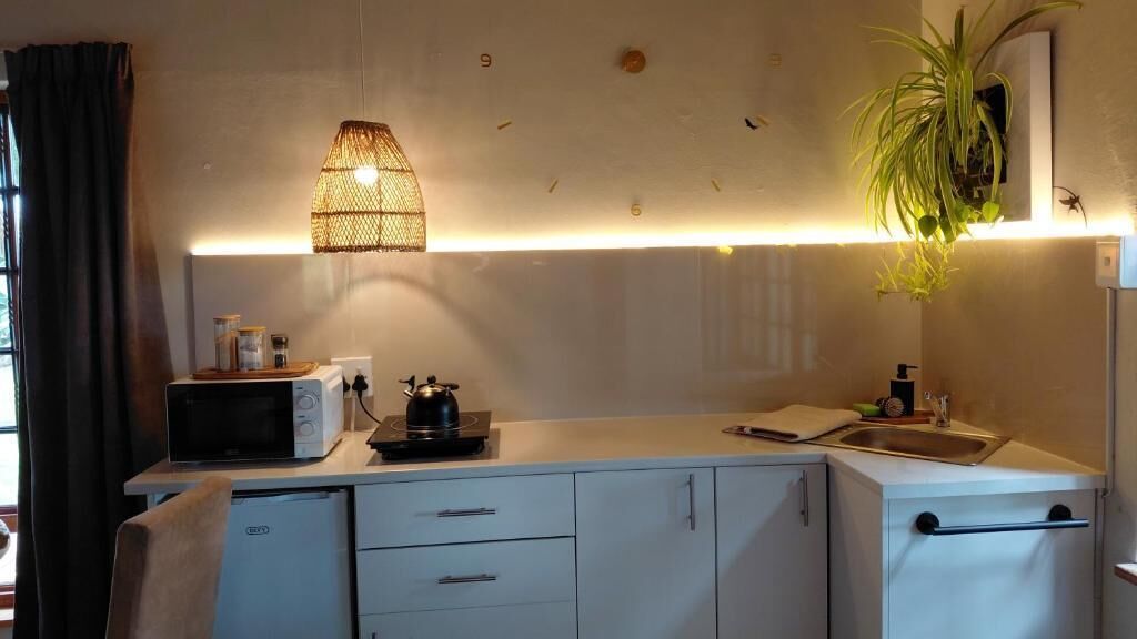 Une petite cuisine équipée d’un four à micro-ondes, d’une bouilloire et d’un petit évier.