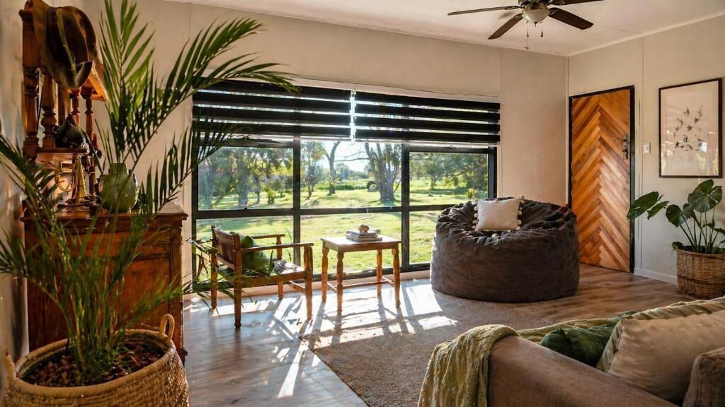 A room with a large window, a ceiling fan, a bean bag chair, and a wooden floor.