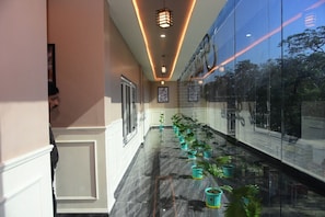 A corridor with a row of potted plants, a glass wall reflecting trees, and a ceiling with recessed lighting.
