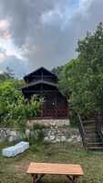 A wooden cabin with a stone foundation, surrounded by greenery, and a wooden bench in the foreground.