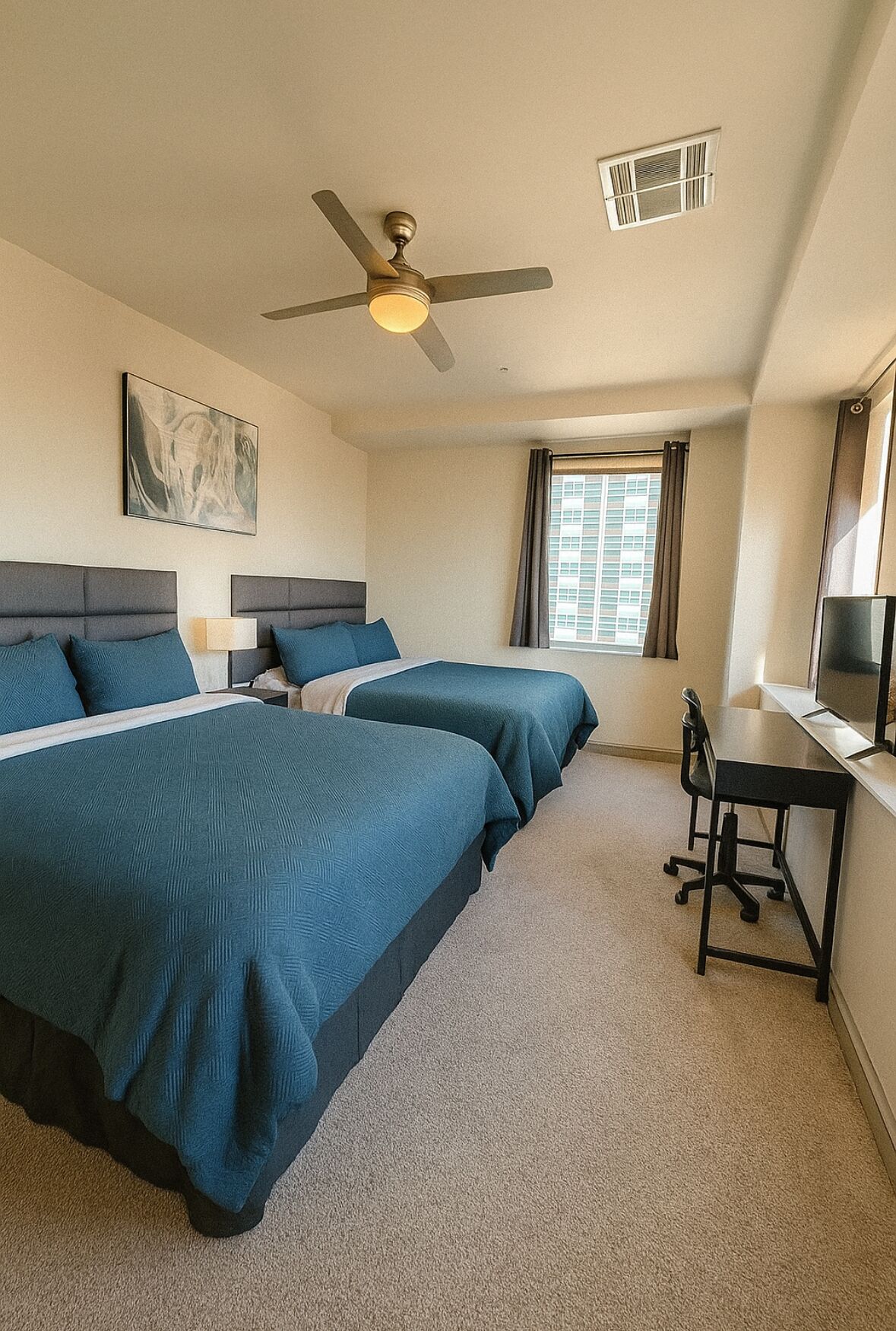A hotel room with two beds, a desk, a ceiling fan, a window with curtains, and a painting on the wall.