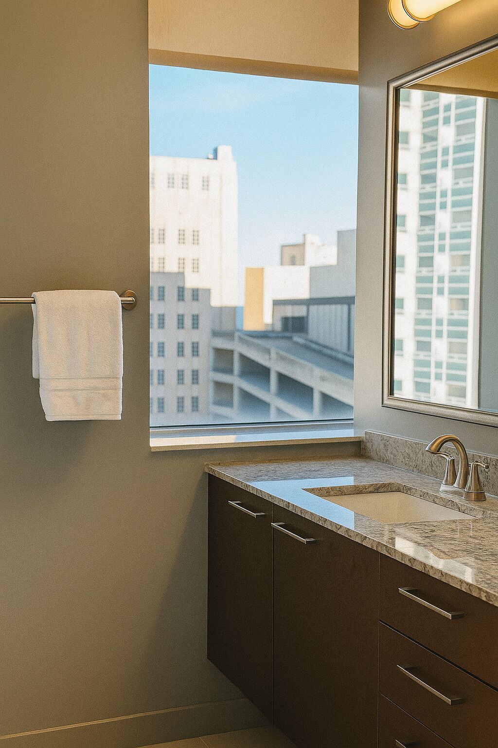 A bathroom with a window, a towel rack, a sink, and a mirror.