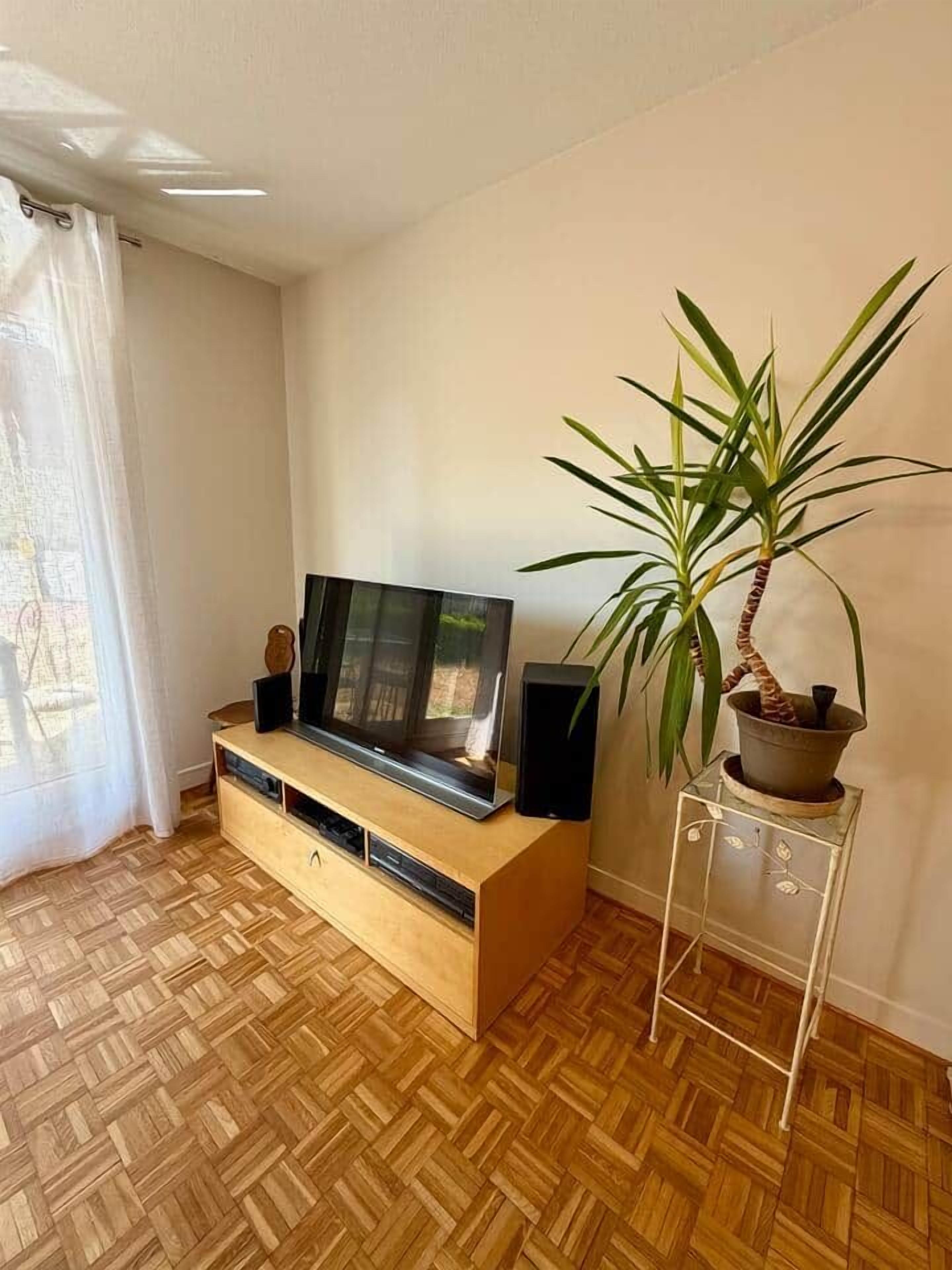 A room with a wooden herringbone floor, a television on a wooden stand, a potted plant, and a clear glass side table.
