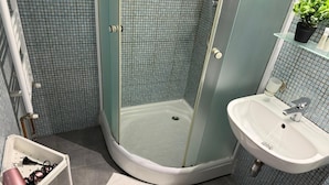 Ein Badezimmer mit einer Duschkabine aus Glas, einem weißen Waschbecken und einer kleinen Topfpflanze auf einem Regal.