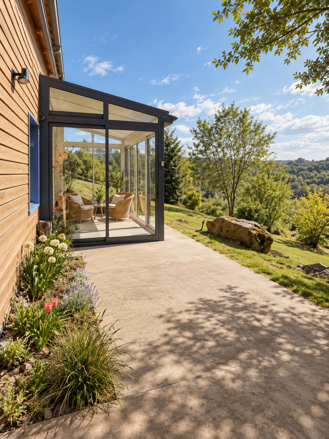 A modern house with a glass-enclosed patio area, outdoor furniture, and a landscaped garden.