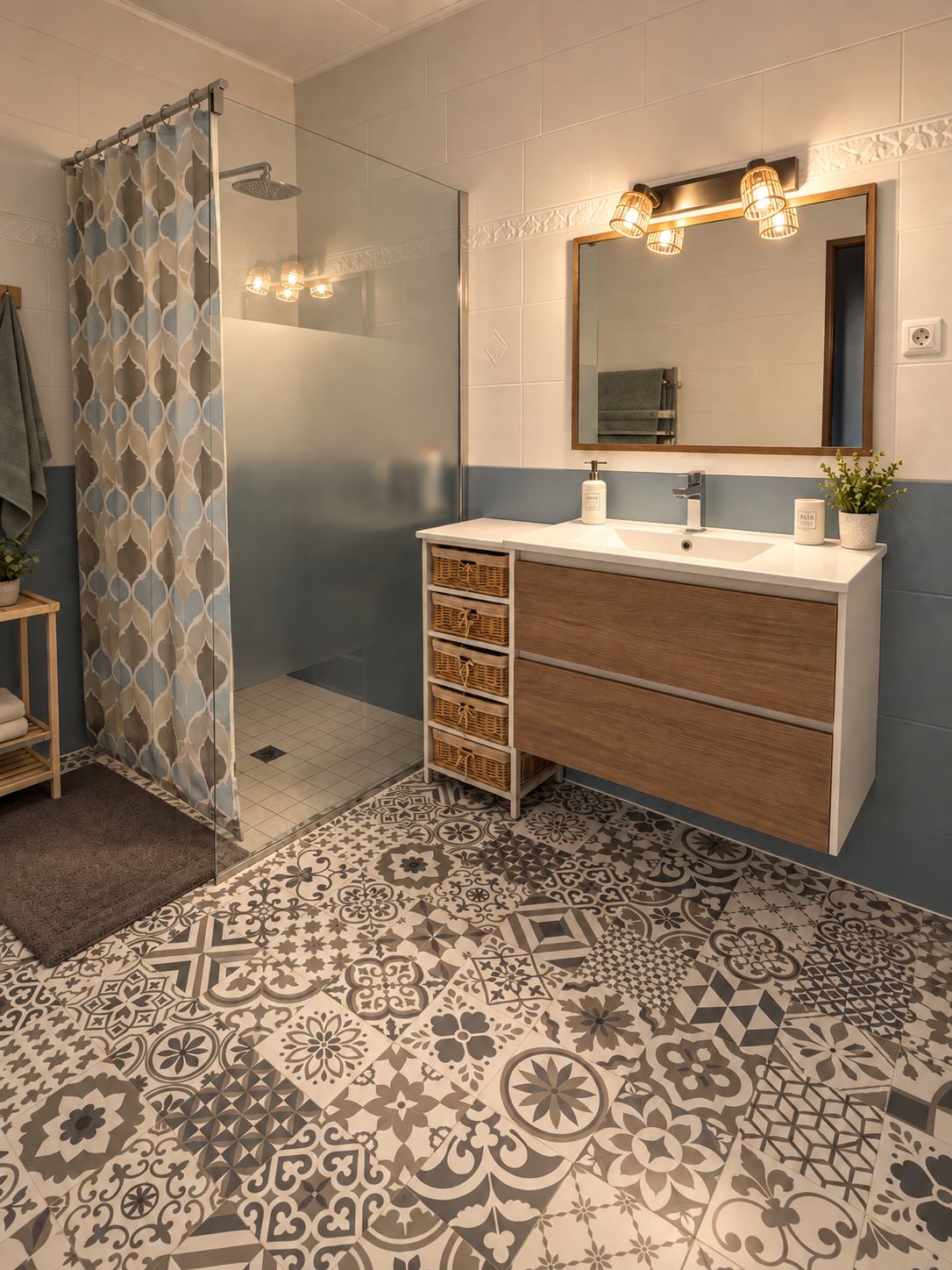 Ein Badezimmer mit Dusche, Waschbecken mit Spiegel und gefliestem Boden.