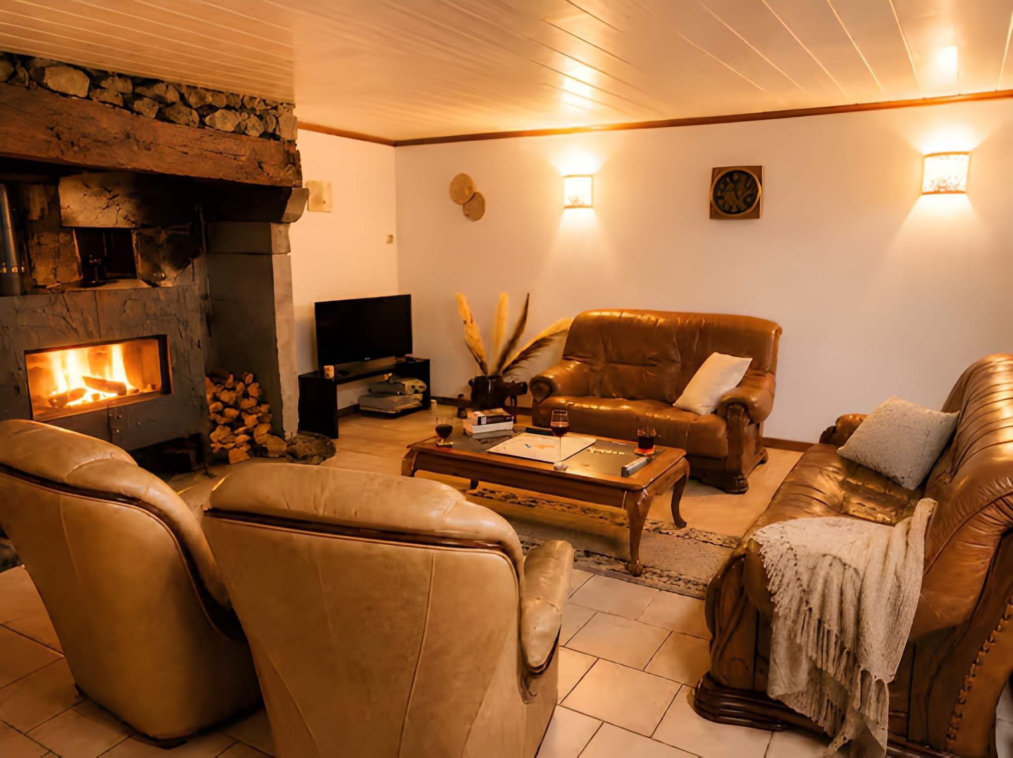 Una sala de estar acogedora con sofás de cuero, chimenea y televisor.