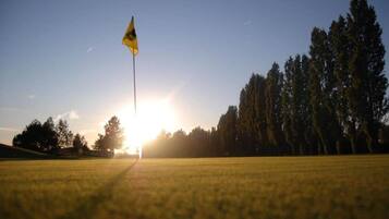 Een golfbaan met een vlag, bomen en een heldere lucht.