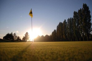 A golf course with a flag, trees, and a clear sky.