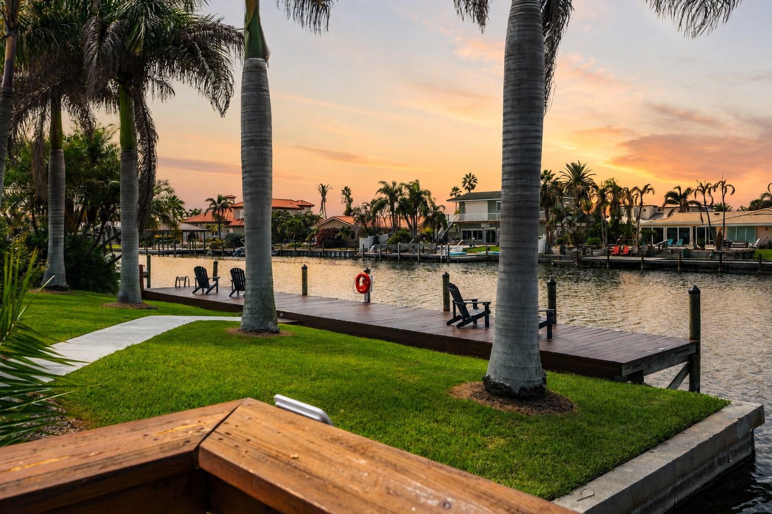 Un patio frente al agua con asientos, palmeras y vistas al atardecer.