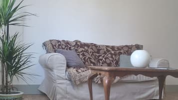 Een woonkamer met een bank, een bijzettafeltje, een plant in pot en een decoratieve plaid.