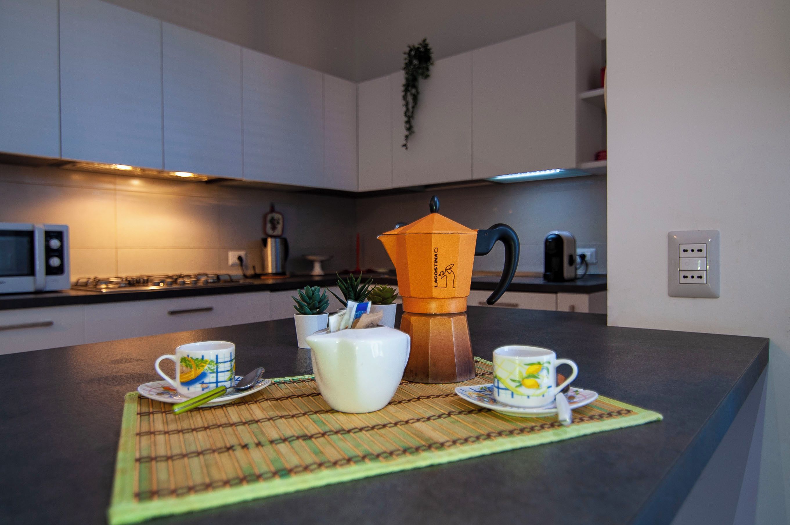 Eine moderne Küche mit weißen Schränken, einer Kaffeemaschine, zwei Tassen und einem kleinen Topf mit Pflanze auf der Arbeitsplatte.