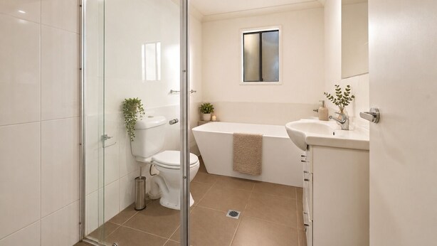 Een moderne badkamer met een douchecabine van glas, een toilet, een bad en een wastafel.
