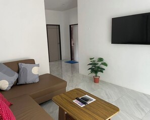 A modern living room with a sofa, a coffee table, a potted plant, and a flat-screen TV mounted on the wall.