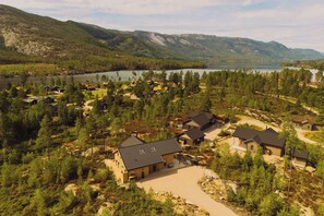 A residential area with multiple houses surrounded by dense forest and mountains in the background.