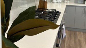 A modern kitchen with a gas stove, white cabinets, and a countertop with kitchen utensils. - Wagga Apartments #11 (Wagga Wagga)