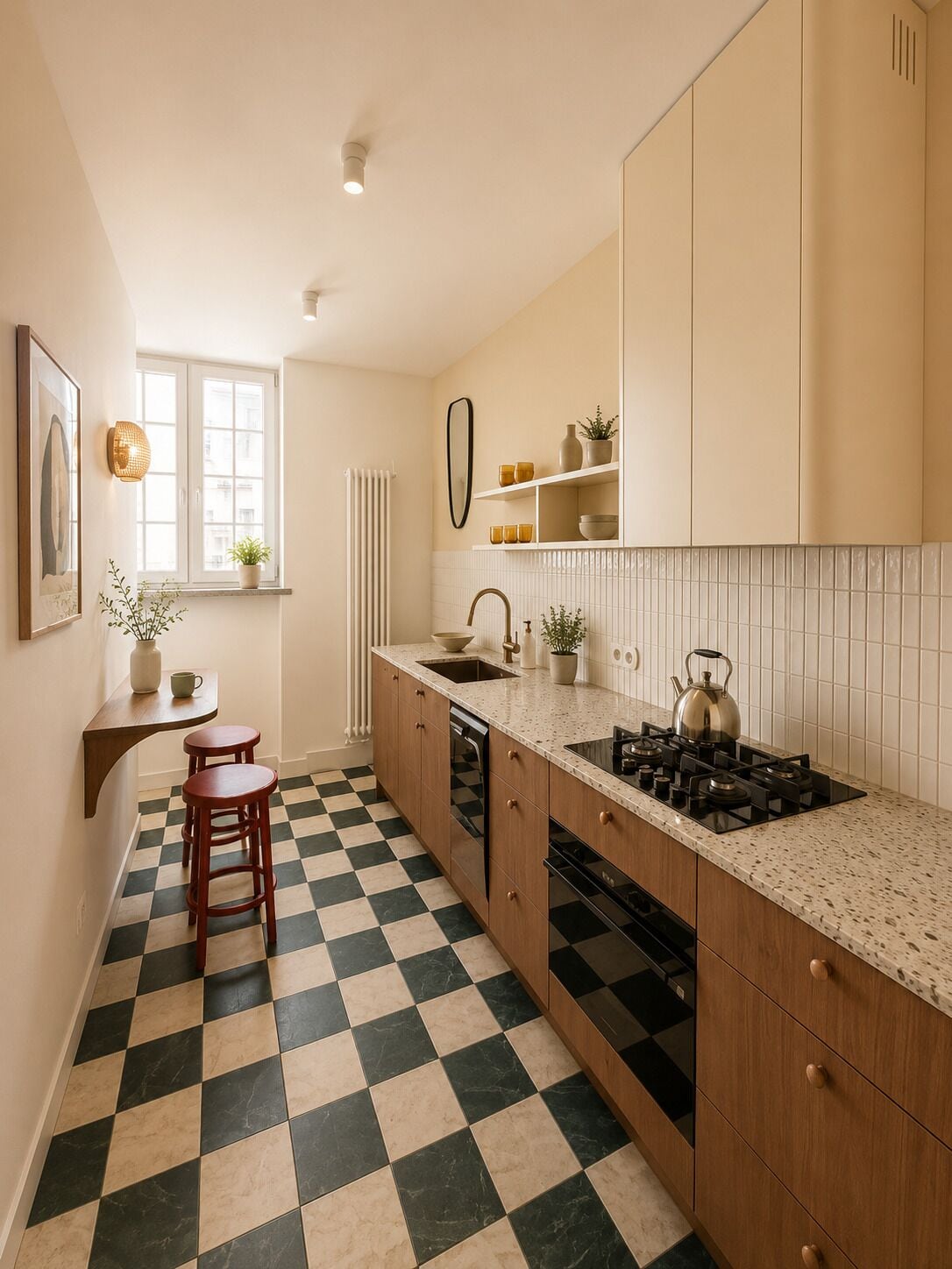 A kitchen with a checkered floor, wooden cabinets, a sink, and a stove.