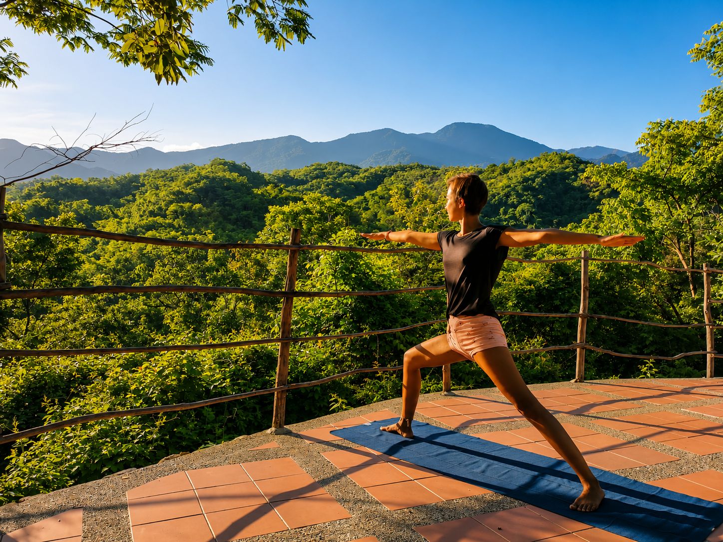 Una persona practicando yoga sobre una esterilla, con vistas panorámicas a montañas y vegetación.