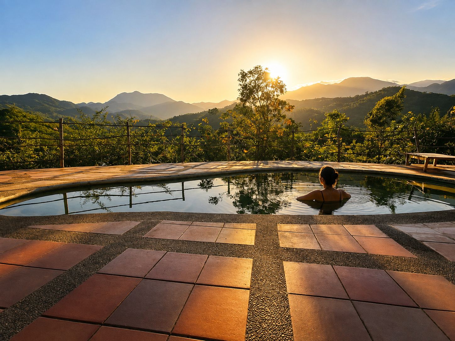 Una persona descansando en una piscina con vistas a montañas y al atardecer.