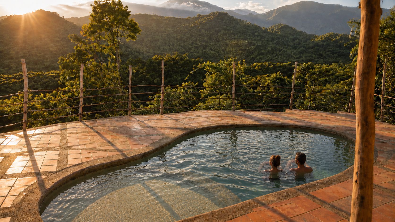 A swimming pool with a tiled edge, surrounded by a wooden fence, set against a backdrop of lush greenery and mountains.