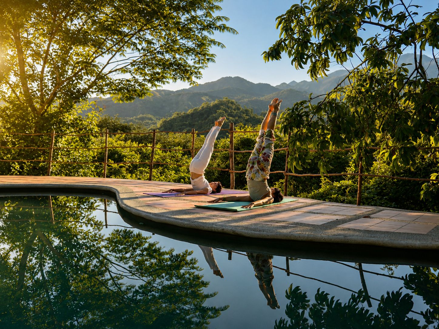 To personer dyrker yoga på en træterrasse med en pool i forgrunden og et bjerglandskab i baggrunden.