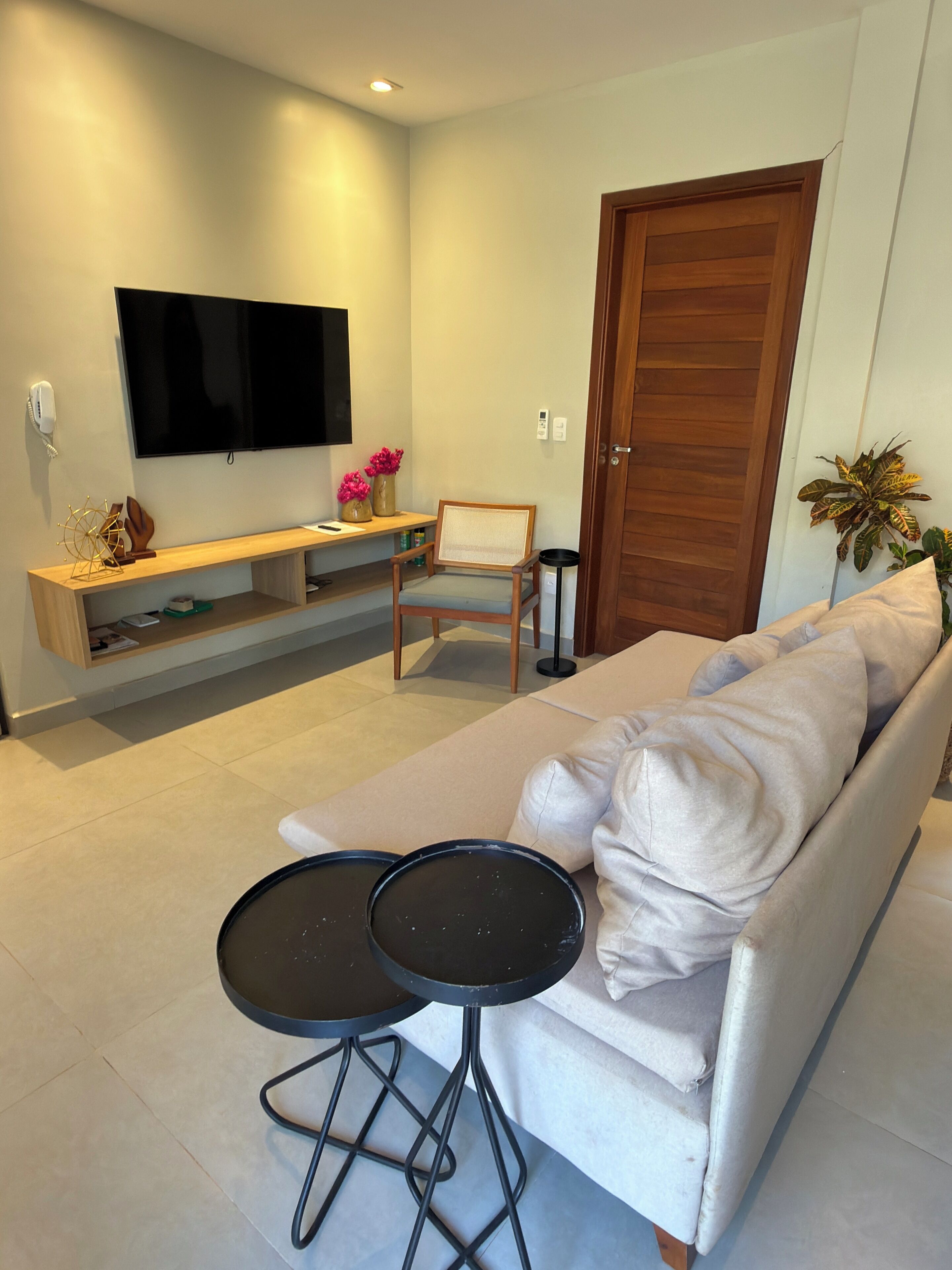 A modern living room with a sofa, two black side tables, a TV mounted on the wall, a wooden door, and a potted plant.