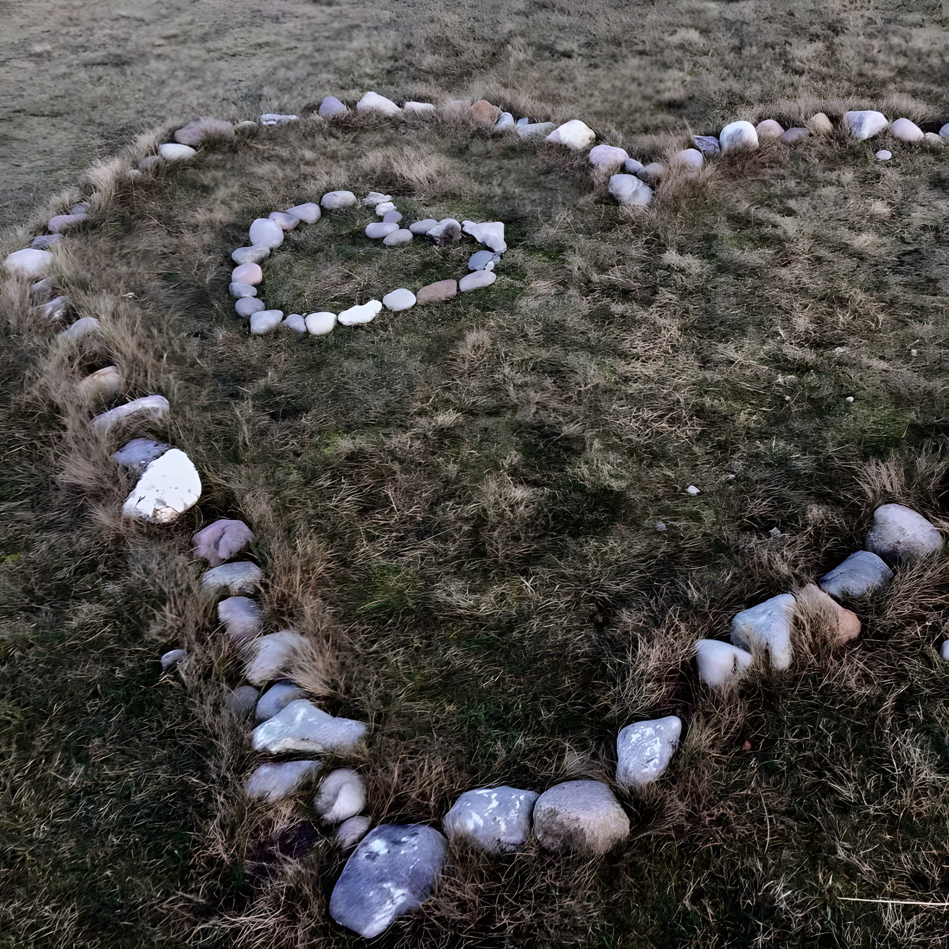 Una composición con forma de corazón hecha de piedras sobre un campo cubierto de césped.