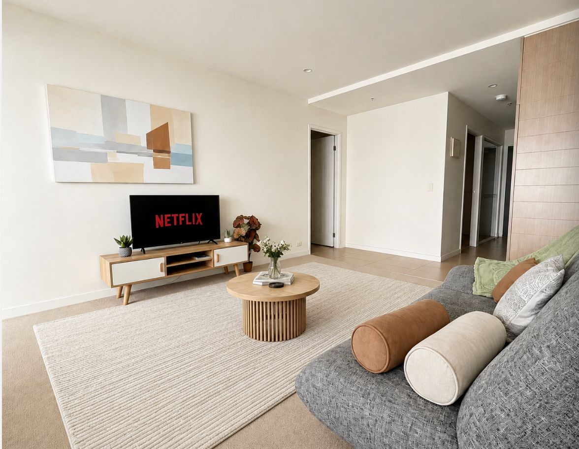 Una sala moderna con un televisor de pantalla plana, una mesa redonda de centro y un sofá gris.