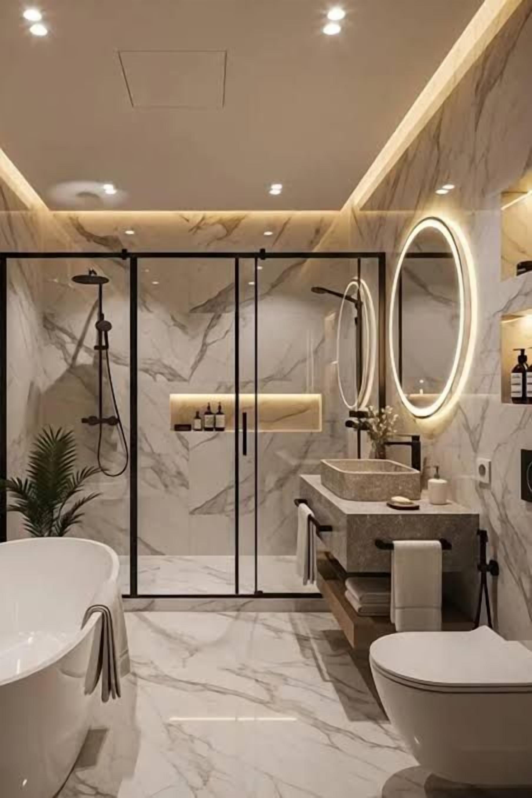 Un baño moderno con una bañera independiente, un inodoro separado, una cabina de ducha y un tocador con espejo.