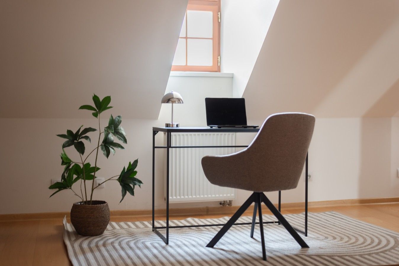 Una habitación moderna con escritorio, silla y planta en maceta.