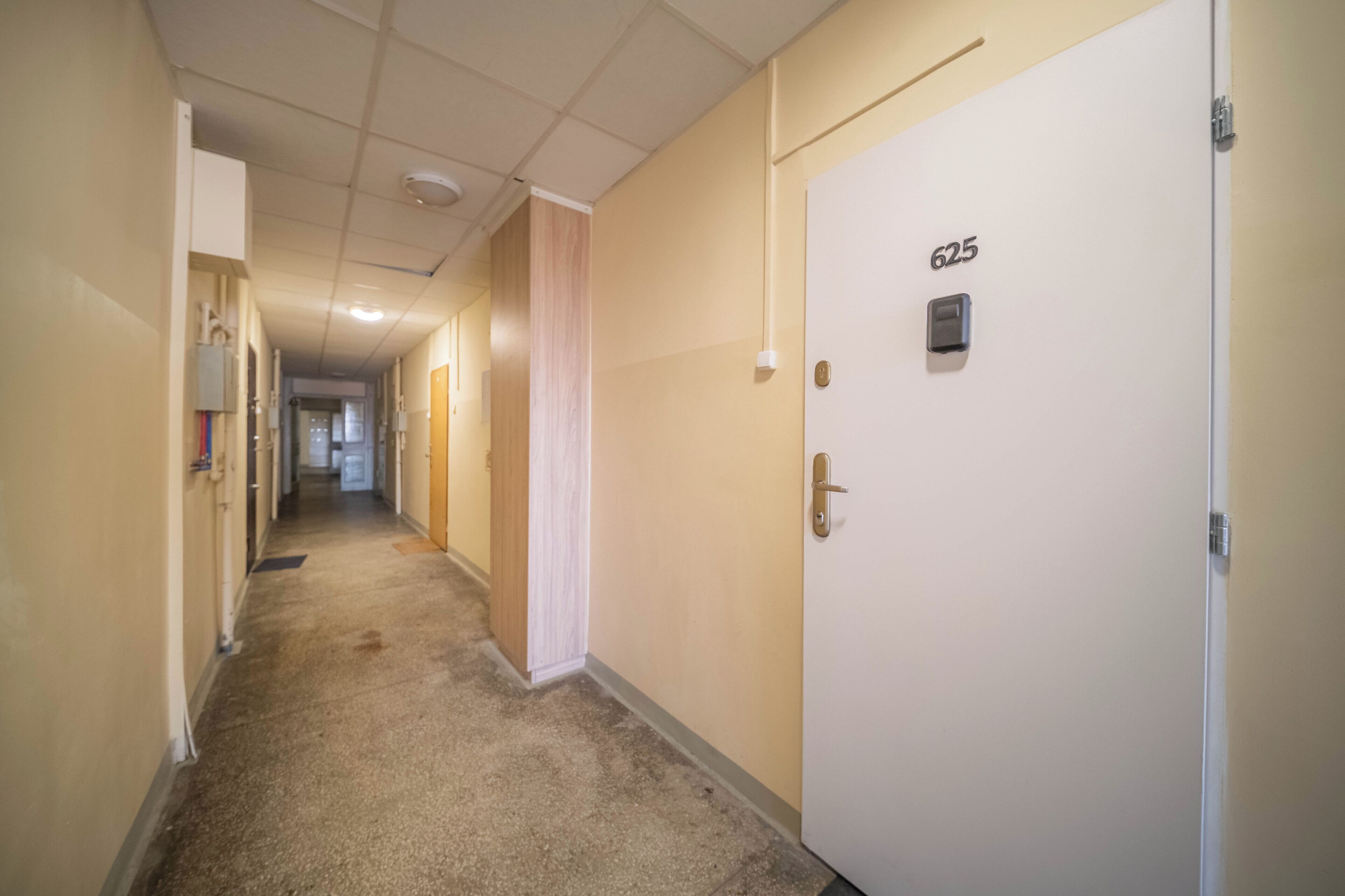 Ein Korridor mit Teppichboden, Türen mit Nummern und einem Lichtschalter an der Wand.