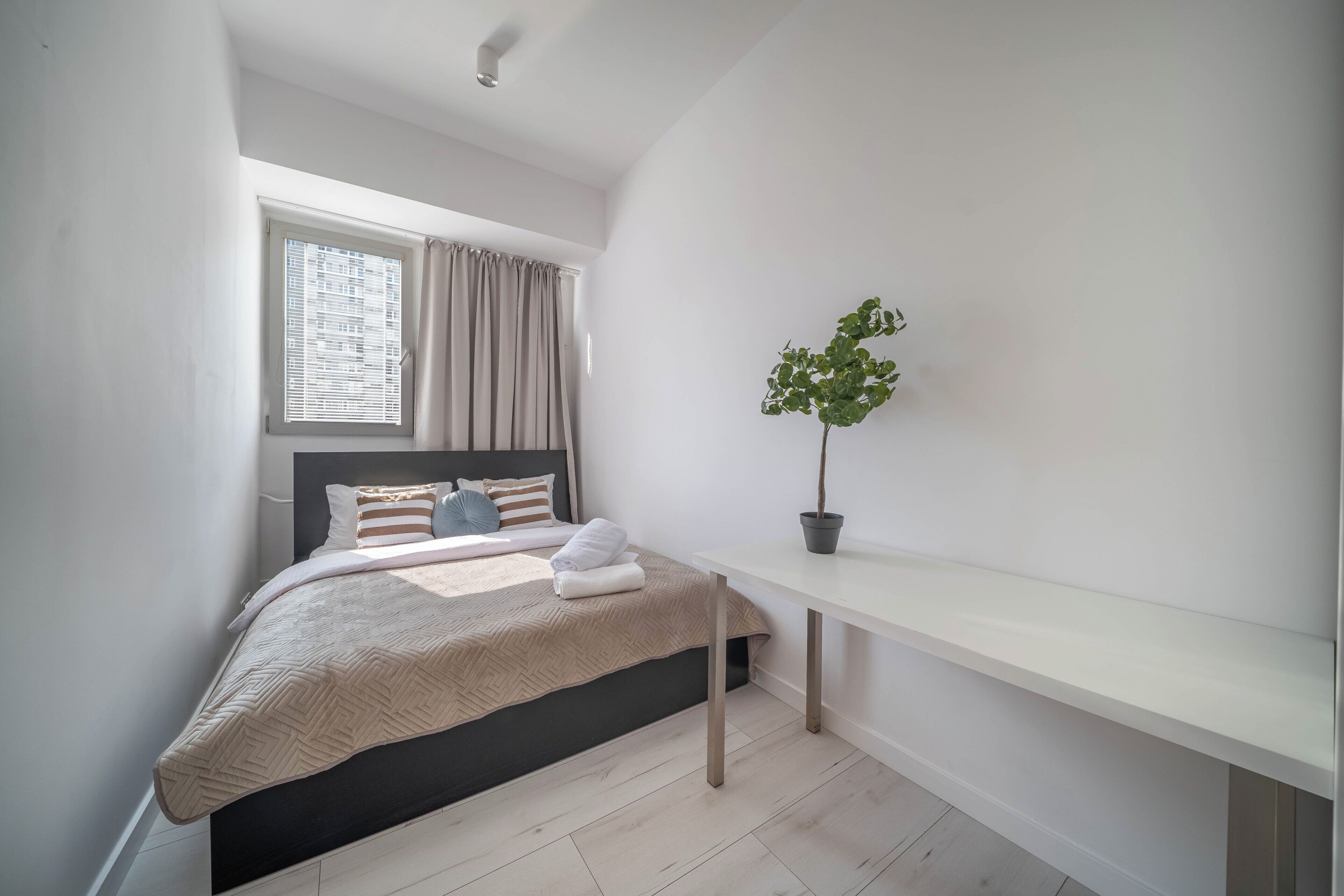 Una camera da letto con un letto, un comodino, una pianta in vaso e una finestra con tende.