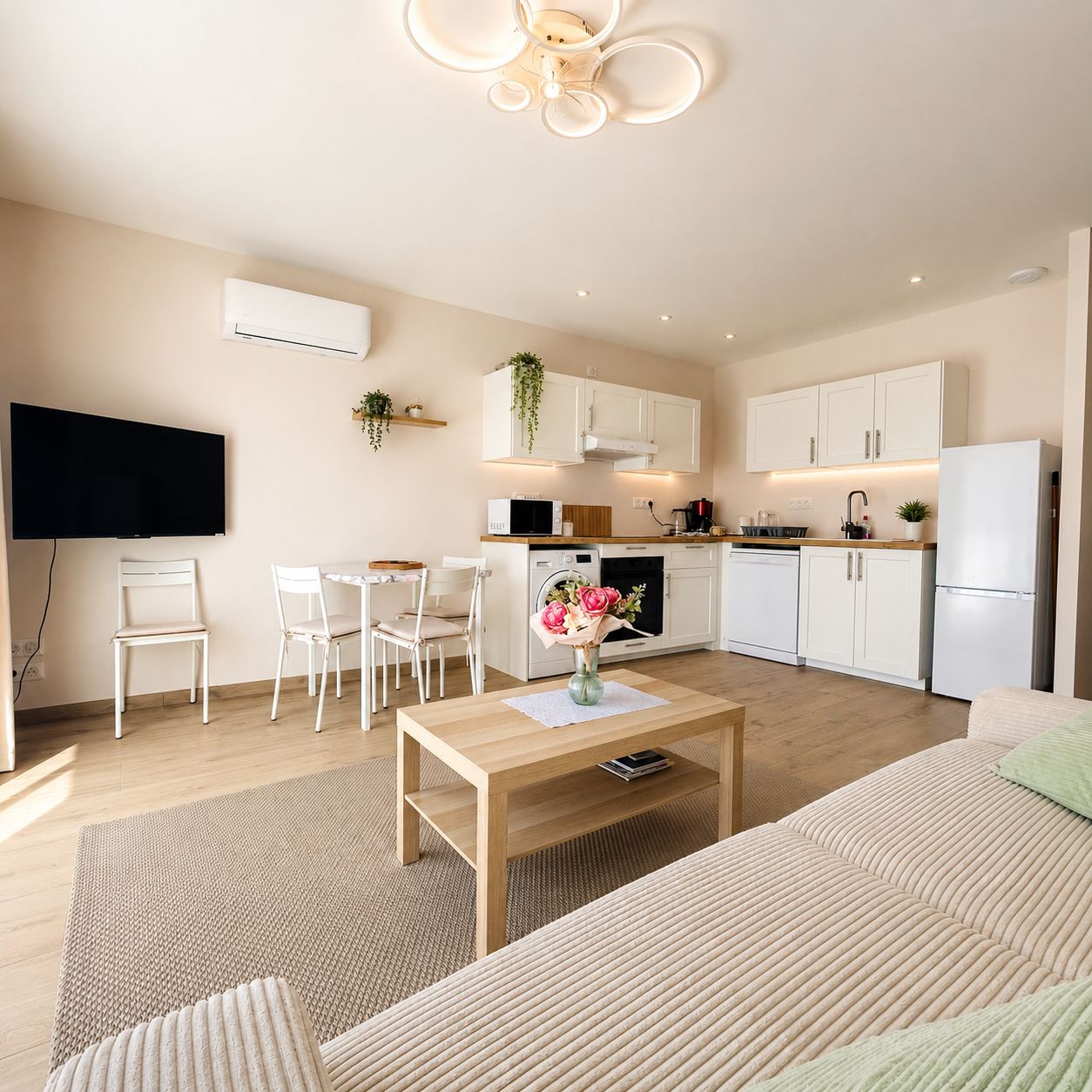 Ein modernes Wohnzimmer mit einer Couch, einem Couchtisch mit einer Vase, einem flachbildfernseher an der Wand und einer Küchenzeile mit weißen Schränken und Geräten.
