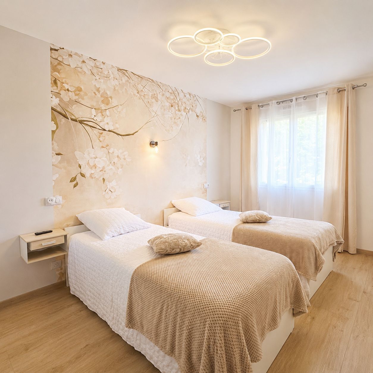 Une chambre d’hôtel avec deux lits, un luminaire fixé au mur et une fenêtre avec des rideaux.