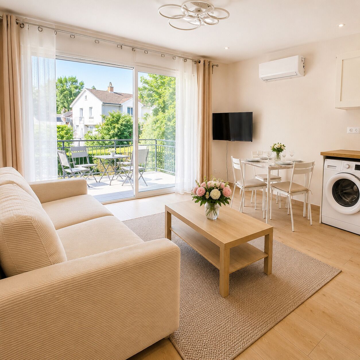 Un salon moderne comprenant un canapé, une table basse, un téléviseur à écran plat, un lave-linge et un coin repas avec des chaises et une table.