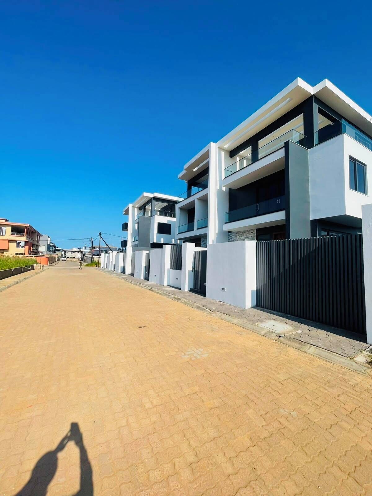 A modern residential street with contemporary houses, a paved walkway, and a clear blue sky.