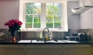 A kitchen with a double sink, a window with a view of greenery, and a vase with flowers. - Your London Home - walk to Big Ben, Westminster, river Thames (london)