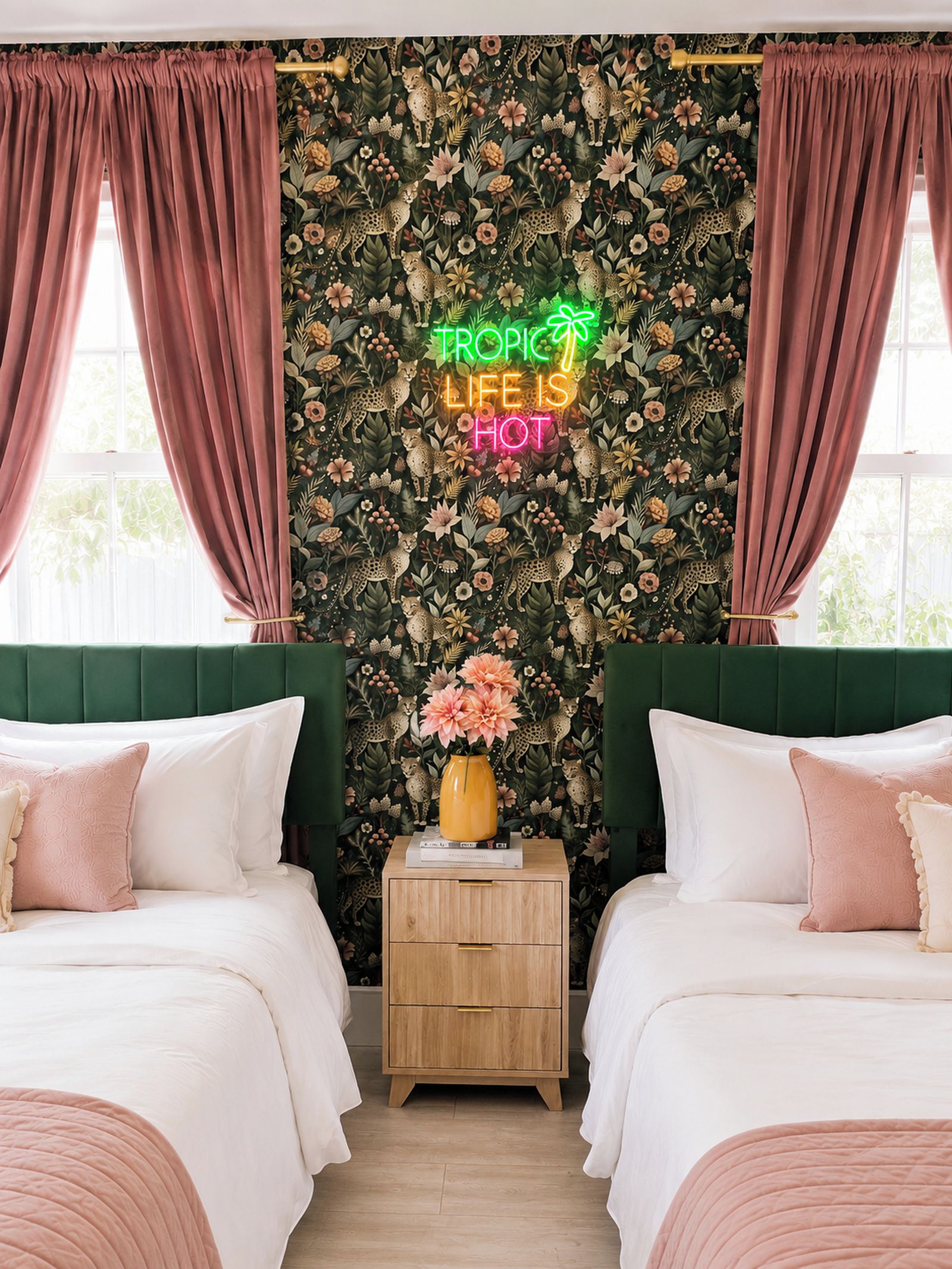 Ein Zimmer mit zwei Betten, einer Neonreklame und floralem Wandpapier.