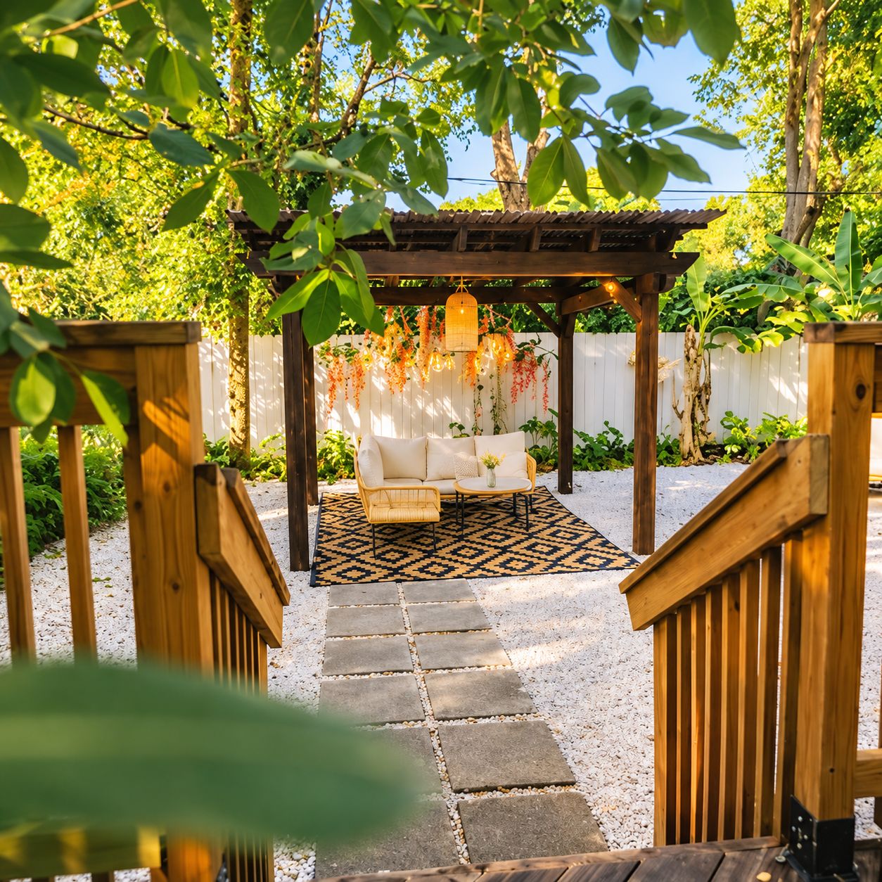 Eine Holz-Pergola mit einem weißen Sofa und einem gemusterten Teppich, umgeben von viel Grün und einem weißen Zaun.