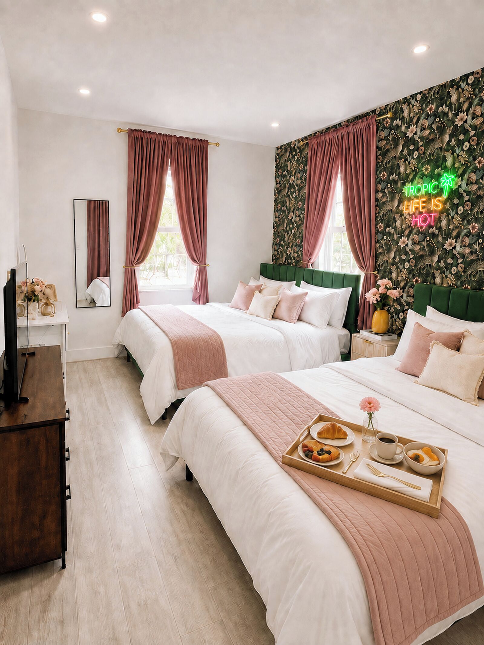 A hotel room with two beds, a desk, a mirror, and a neon sign.