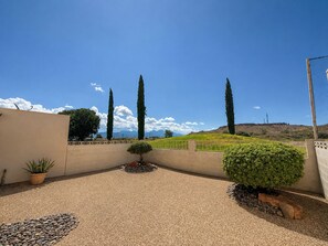 A courtyard with a gravel floor, a small bush, a potted plant, and tall cypress trees.