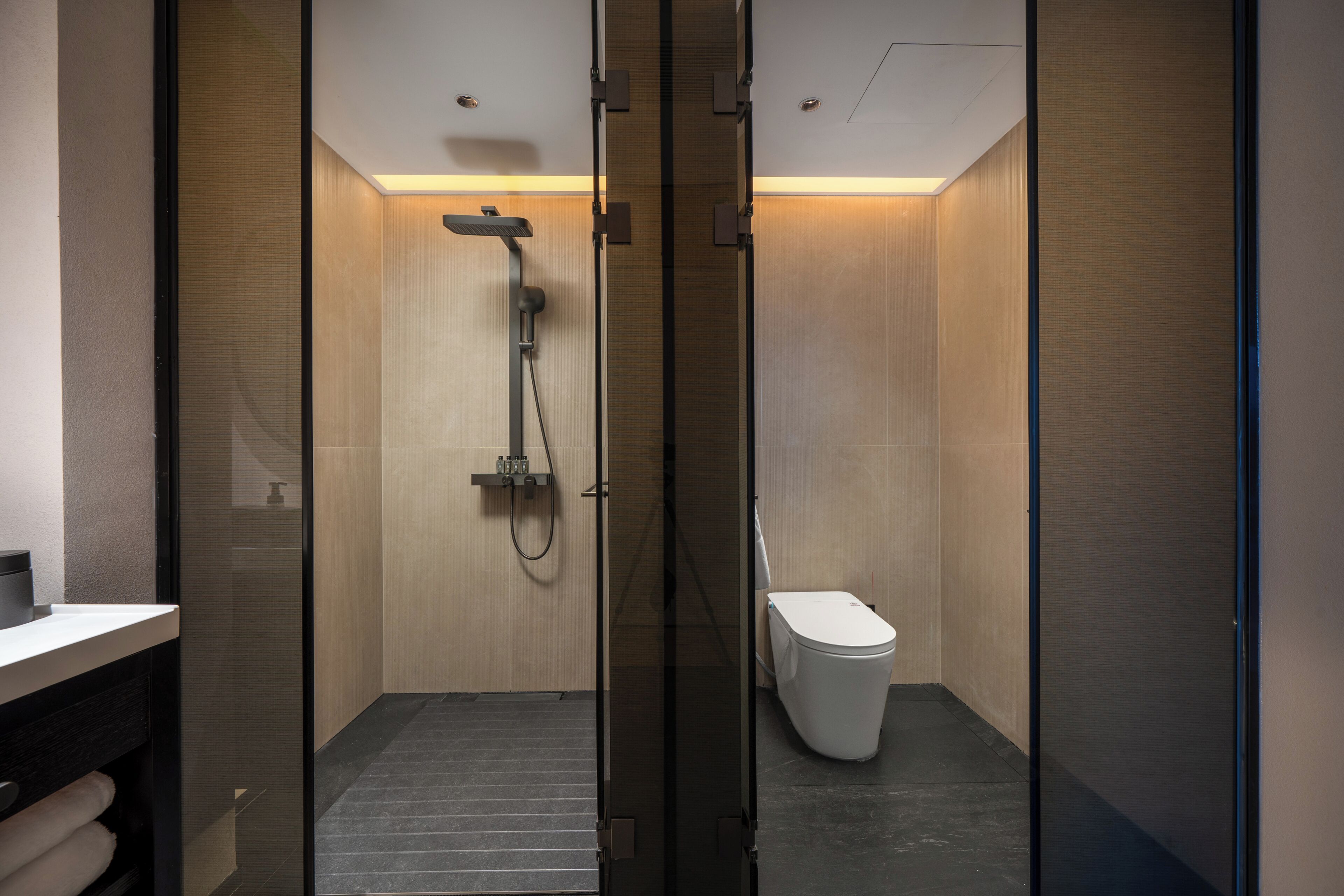 A modern bathroom with a glass partition, a shower, a toilet, and a sink area.