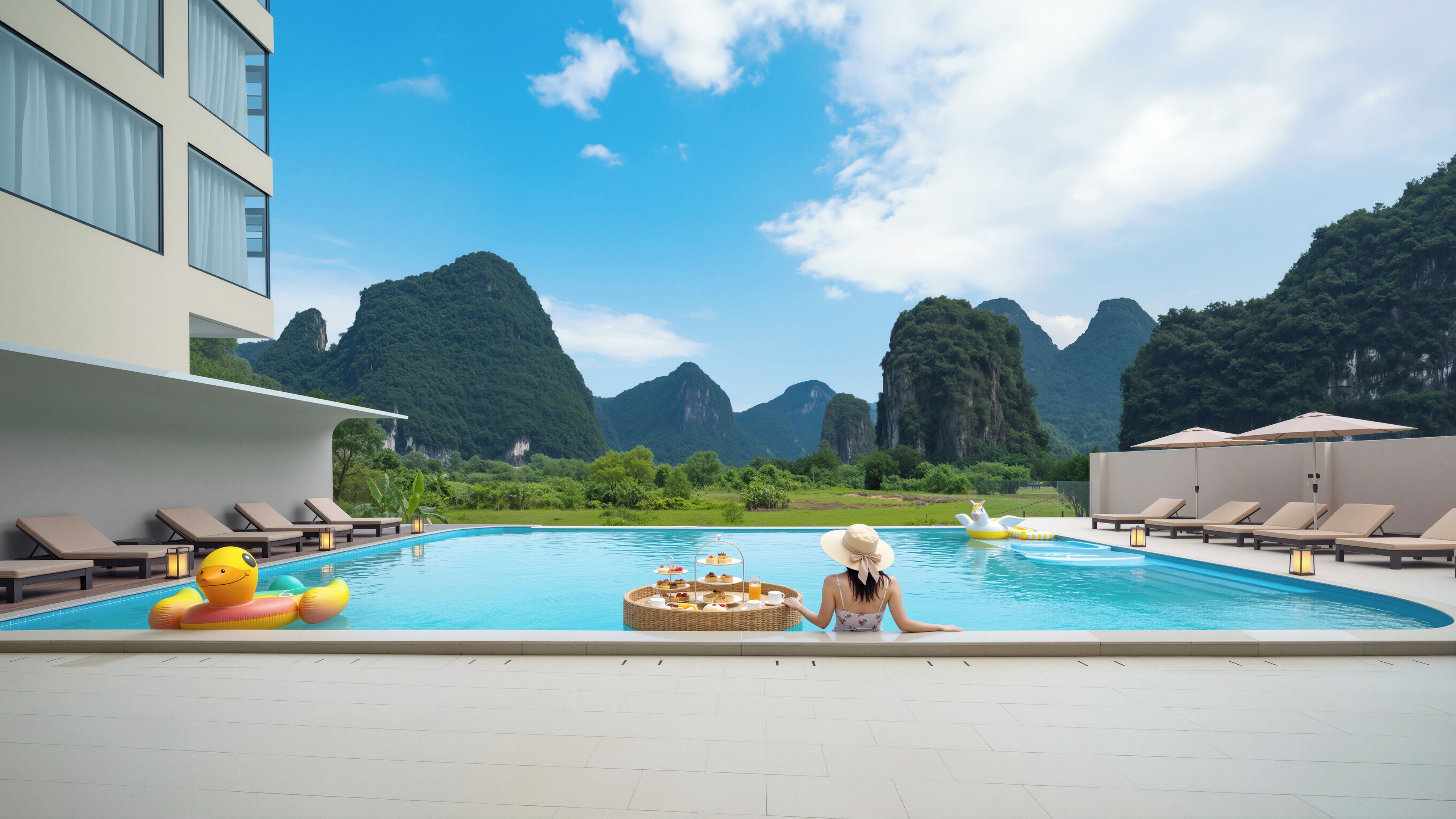 A pool area with lounge chairs, a buffet table, and mountainous views.