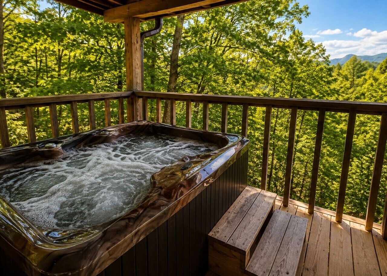 Ein Whirlpool auf einer Holzterrasse mit Blick auf einen Wald und Berge.