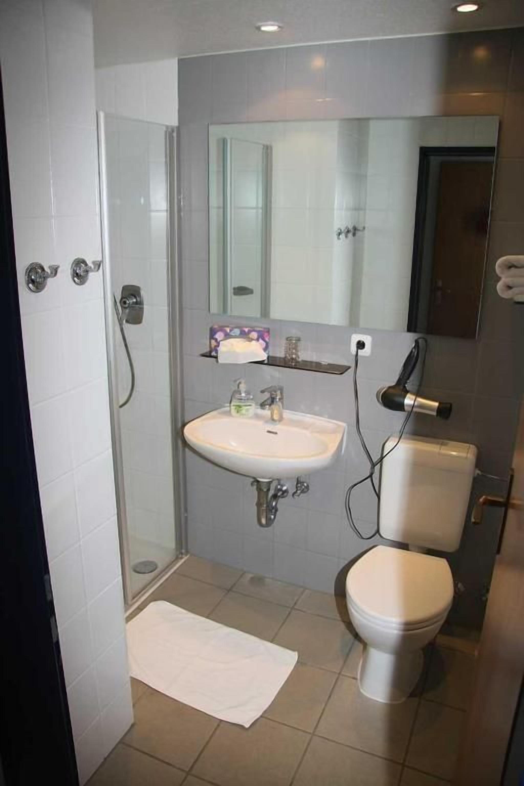 A bathroom with a shower, sink, toilet, and a mirror.