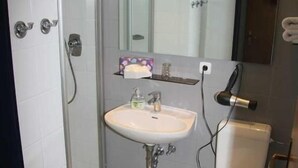 Un bagno con doccia, lavandino, WC e specchio.