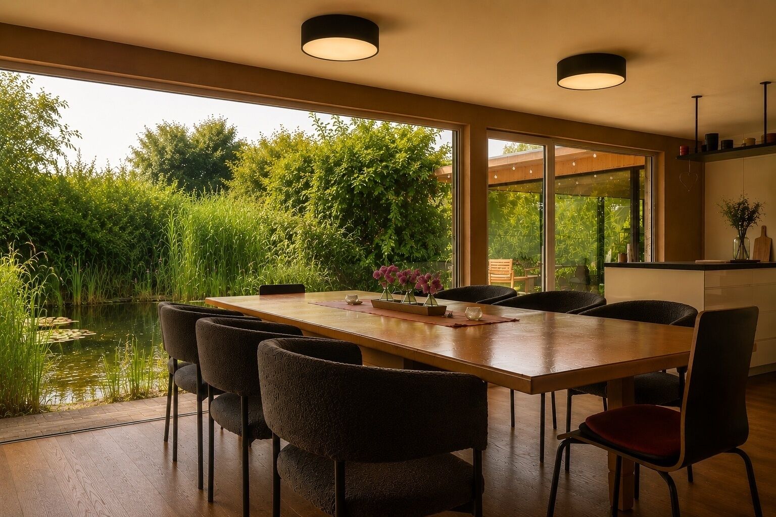 A dining area with a wooden table and chairs, large windows, and a view of a pond and greenery.