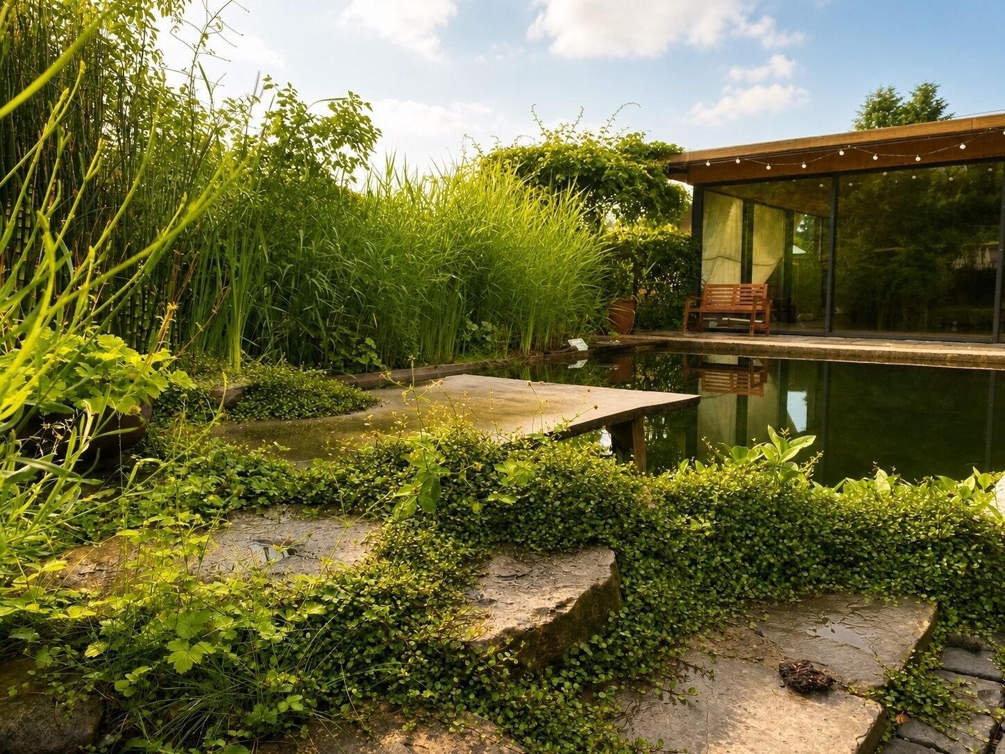 A serene garden with a pond, lush greenery, and a modern building with large windows.