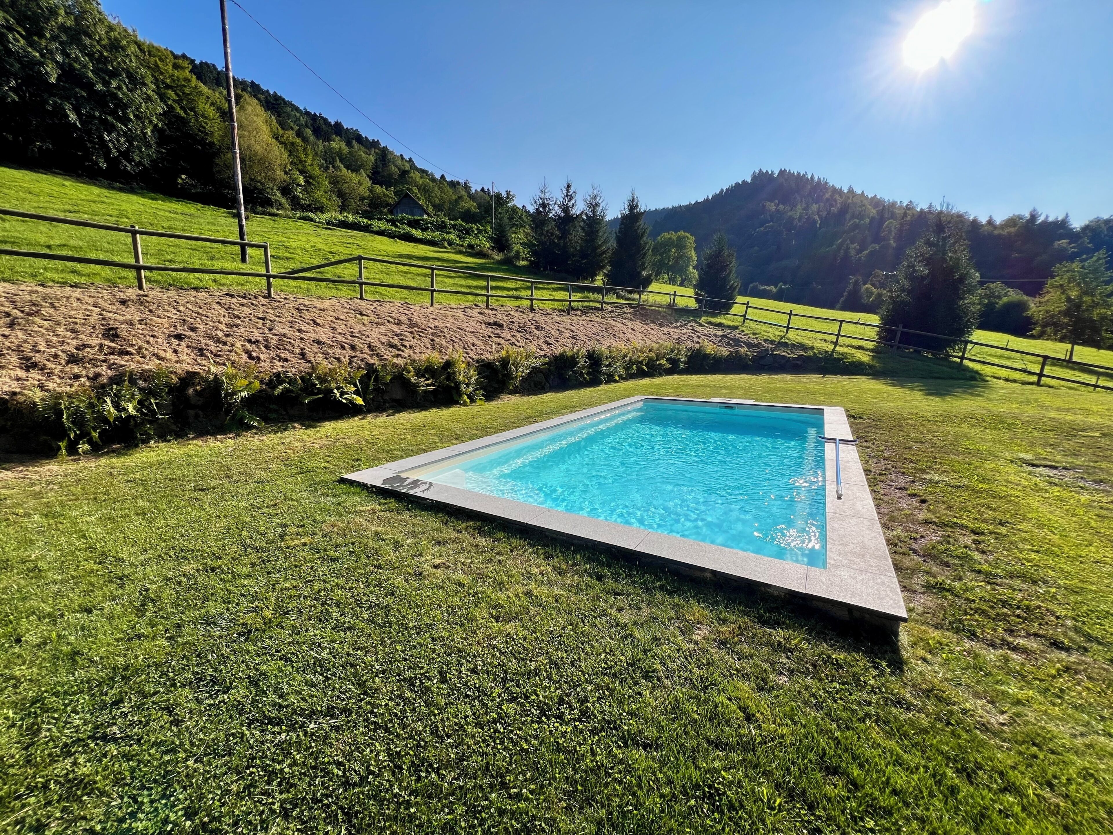 A rectangular swimming pool with a clear blue water surface, surrounded by a well-maintained grassy area and a wooden fence.