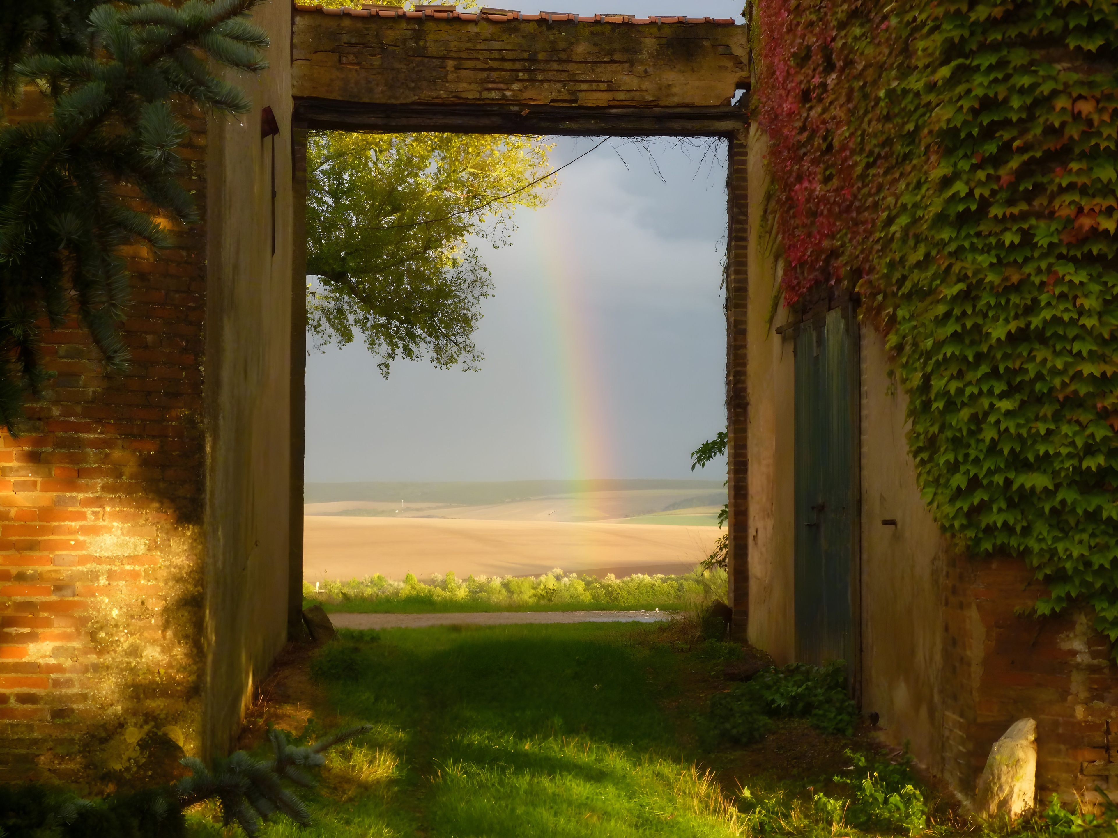 Un arco de ladrillo con vistas a una playa y un arcoíris.
